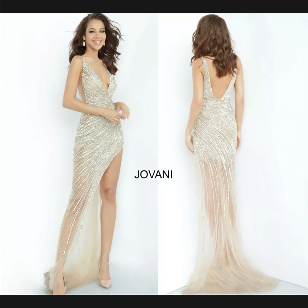 Asymmetrical Beaded Illusion High Slit Gown